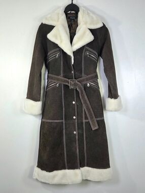VINTAGE TAUNT PENNY LANE SUEDE FAUX FUR TRIM BOHO TRENCH COAT.